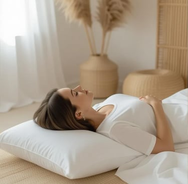 a woman laying on a bed with a pillow and a pillow