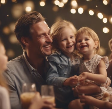 a man and two children are sitting at a table