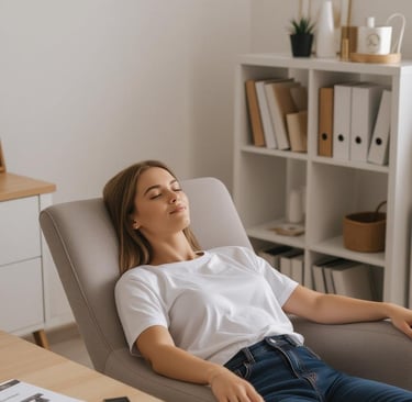 a woman sitting in a chair with her eyes closed