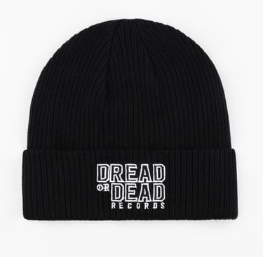 Flat lay beanie black hat by Dread or Dead Records