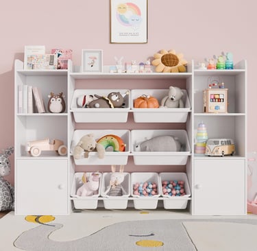 a room with a shelf with lots of toys and toys