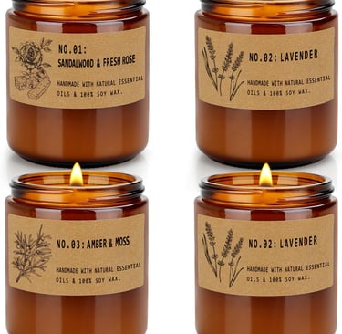 a set of four candles with labels on them