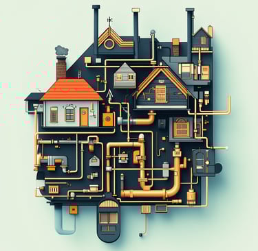 Homes with pipes connecting them in steam punk style
