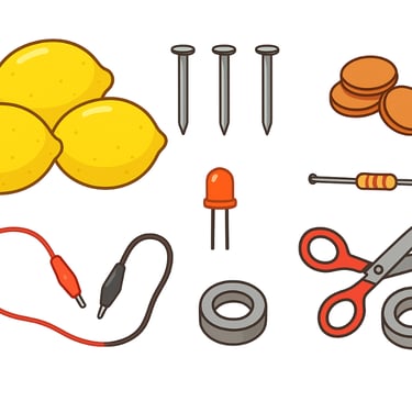 lemons, nails, coin, cables, scissors, thread and wires