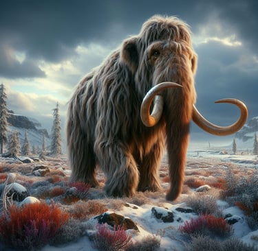 mammoth walking on reddish grass.