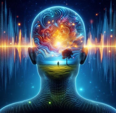 Illustration of a mind and a person meditating within the mind.
