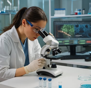 Researcher looking through a microscope.