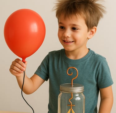 Boy holding a balloon and a glass jar beside him.