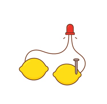 Lemon with coin and screws, connected by wires and a light bulb.
