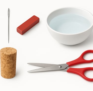 Scissors, deep plate, bottle cork, magnet, and sewing needle.