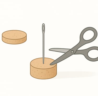 Scissors, needle, and bottle cork