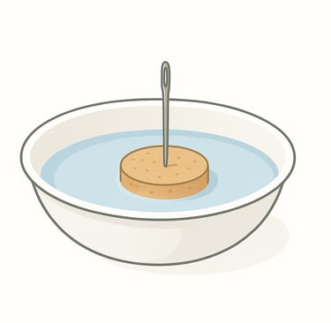 A deep dish with water, a cork, and a needle floating in it.