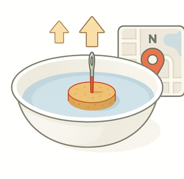 A deep dish with water, a cork, and a needle floating in it pointing north.