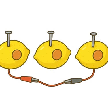 Lemon with coin and screws, connected by wires.