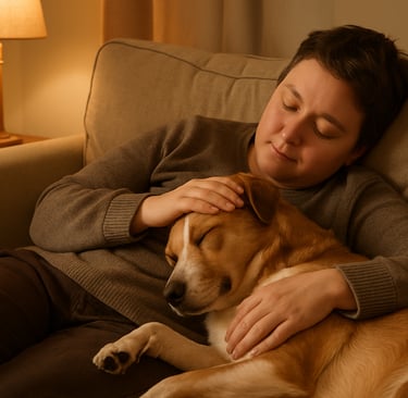 Woman on the sofa petting her dog.