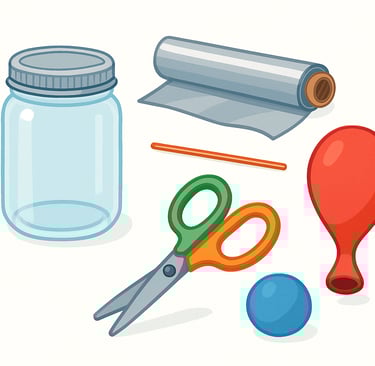 balloon, glass jar, scissors, copper wire, modeling clay, and aluminum foil