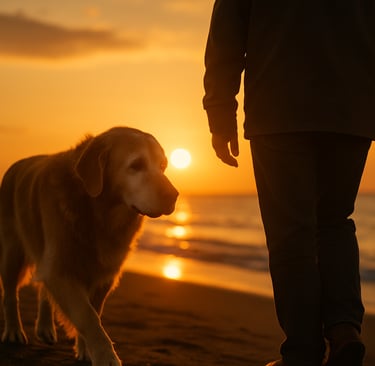 An elderly dog walking beside its owner on the beach.