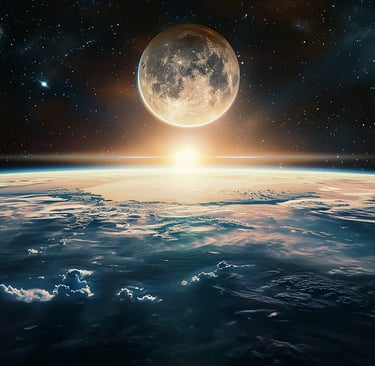 Image of planet Earth seen from space with the moon above.