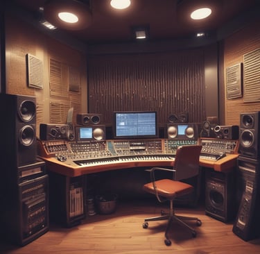 A cozy workspace with a laptop, headphones, and musical notes floating around.