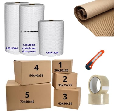 Kit mudança completo com caixas de papelão de vários tamanhos, rolo de plástico bolha e fita adesiva