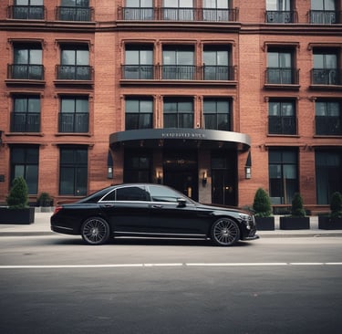 2023 black Mercedes Benz S-Class parked in front of fance NYC hotel