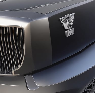 The front of a luxury car featuring a prominent grille and a small statue on the hood. A decorative white ribbon is attached to the hood, signifying that the vehicle is likely used for a wedding. The license plate reads 'QUEENS' and indicates a wedding car hire service.
