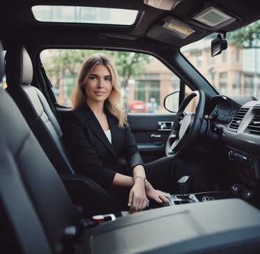 A person is sitting inside a limousine. They are wearing a bright pink top and a black skirt. The interior of the limousine features dark leather seats and wooden trim. There are drinks holders and some reflective surfaces. The person appears to be posing, with one arm resting on the back seat and the other hand on their knee.