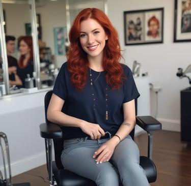 An interior space of a hair salon featuring an orange hair dryer hood prominently in the foreground. Below it is a black salon chair and a washing station. Natural light filters through large windows with beige curtains, casting a warm ambiance. The room has a minimalist decor, with a whiteboard and a small table visible in the background.