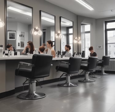 A black and white photo of a modern hair salon with several people engaged in hair cutting and styling activities. The room has contemporary lighting fixtures and decorative elements, including a painting of Buddha and small statues. The salon has a polished tile floor and various salon equipment such as a barber chair and a cart.