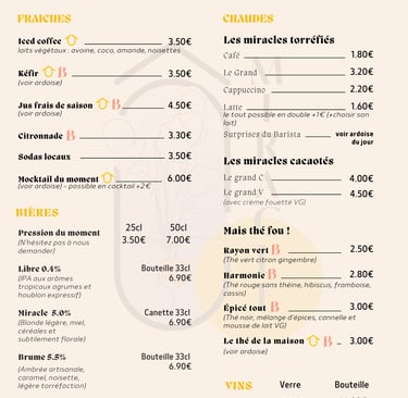 Carte boisson Ô Miracle bistro végétal