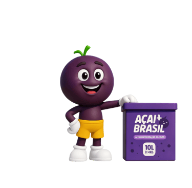 O Mascote da Açaí Mais Brasil ao lado de uma caixa de 10L de Açaí indicando o alto rendimento de cop