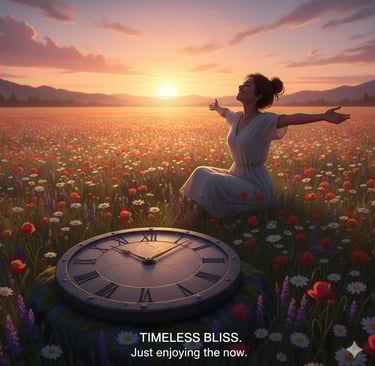 a woman sitting in a field with a clock and a clock
