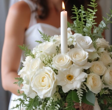 a woman holding a tall white candle 24 inch in a white wedding bouquet 