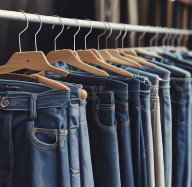 A collection of denim pants displayed neatly.
