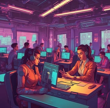 A diverse group of professionals collaborating around a laptop in a modern office setting.