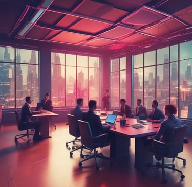 A diverse group of professionals collaborating around a table with laptops and digital devices, showcasing teamwork and innovation.