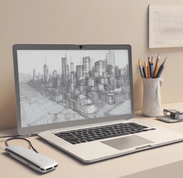 A work environment with a focus on a laptop displaying a shoe design in wireframe mode. Another laptop is positioned next to it, showing a communication app. In the foreground, a person is holding a joystick-like device. The desk includes small potted plants and computer monitors are visible in the background.