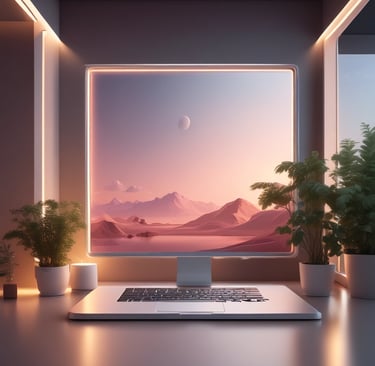 A modern, organized workspace featuring a large monitor displaying graphic design software alongside a laptop with a vibrant logo. A sleek keyboard and mouse are positioned on the desk, which also holds small decorative items and a desk lamp. A bookshelf with colorful books is visible nearby.