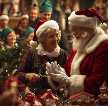 Santa and Mrs. Claus and their elves