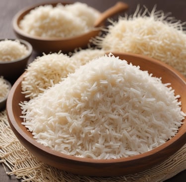 A close-up of fragrant basmati rice in a wooden bowl.