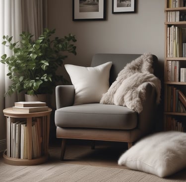 A cozy blanket draped over a soft armchair next to a flickering candle, inviting relaxation and reflection.