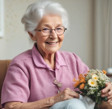 A compassionate caregiver assisting an elderly woman with a warm smile.