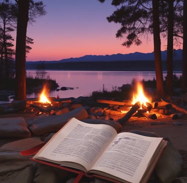 Reading a book by campfire 
