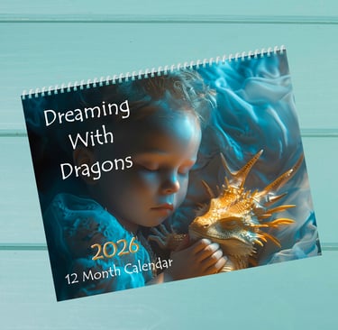 a fantasy art calendar featuring babies and children asleep with their dragon friends