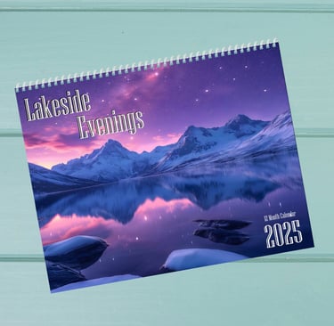 a landscape themed calendar with a lake, mountains and bright skyline on the cover