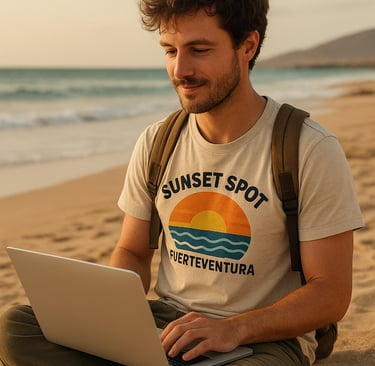A man working remotely from Fuerteventura