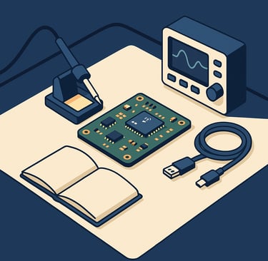 Atelier de conception embarquée — carte électronique, fer à souder, oscilloscope