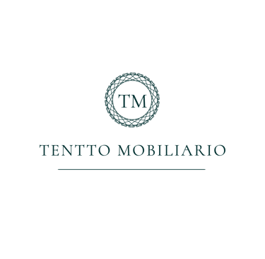 Tentto Mobiliario logo with TM monogram inside a circular teal geometric emblem on a black background.