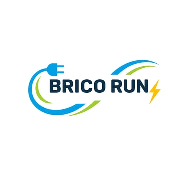 Brico Run electrical logo featuring a blue power plug, yellow lightning bolt, and green swoosh.