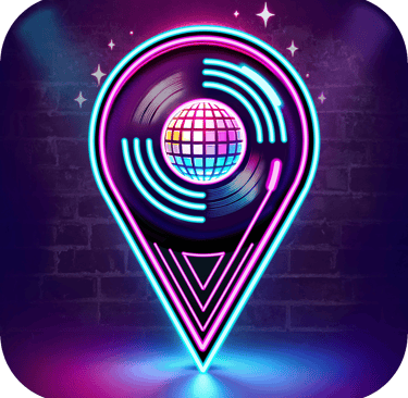 the Dance Unites Us app logo that shows a location pin with neon light and an LP with a globe in its middle